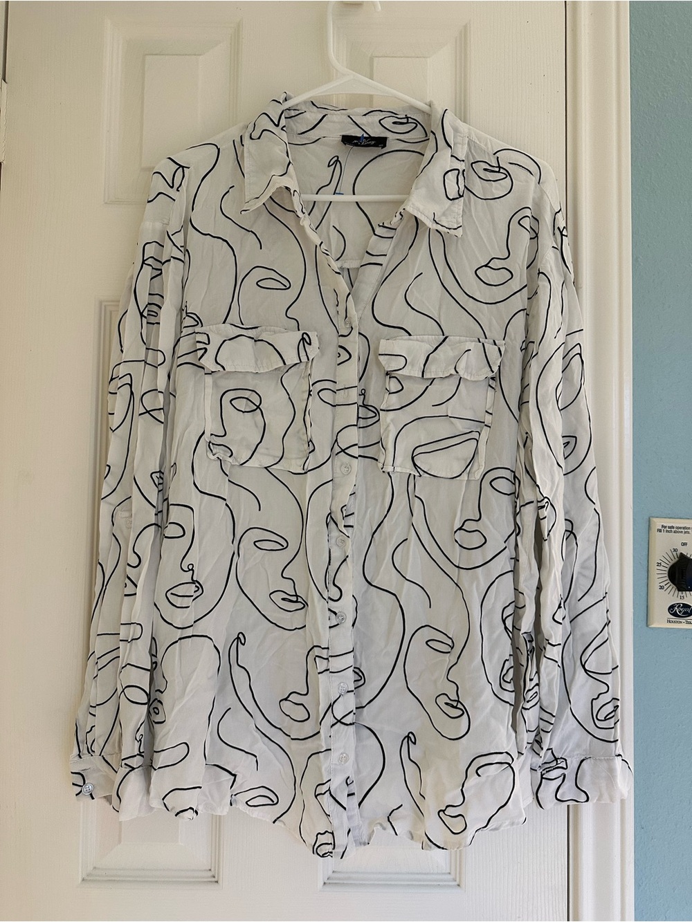 Milk & Honey white button-down blouse distinct black abstract face 3X